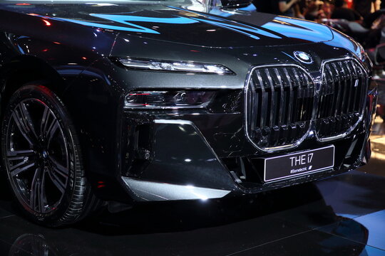 Thailand - Dec 1, 2022: BMW The  i7 on display at Thailand International Motor Show 2022 Arina Muangthong Thani or Motor Expo in Bangkok, Thailand.