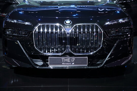 Thailand - Dec 1, 2022: BMW The  i7 on display at Thailand International Motor Show 2022 Arina Muangthong Thani or Motor Expo in Bangkok, Thailand.