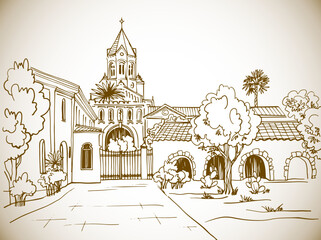 Nice view of the old monastery. France. Hand drawn sketch style in sepia. Line art. Ink drawing. Digital illustration. Vector background	