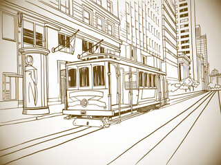 Cable Car in San Francisco. California streetcar. USA. Traditional California car. Hand drawn urban sketch. Sepia Digital illustration. Vector background.