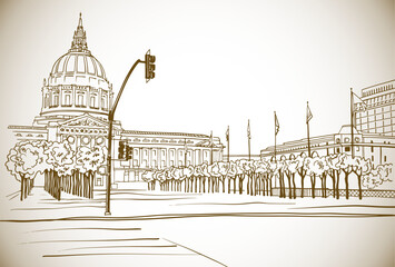 Nice square in San Francisco. Sepia Digital illustration. Hand drawn Urban sketch. Line art. Ink drawing. Vector landscape. Without people. Postcard style.