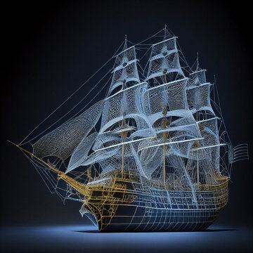 Blueprint Nordic Sailing Ship Created With Generative AI Technology