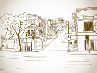 Nice old street in San Francisco, California, USA. Urban landscape. Sketch style. Hand drawn sepia illustration. Vector background.