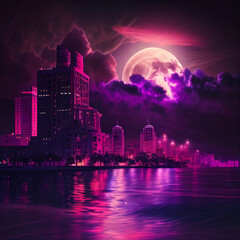 Fototapeta premium Coastal city skyline by moonlight created with generative AI technology