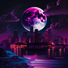 Obraz premium Coastal city skyline by moonlight created with generative AI technology