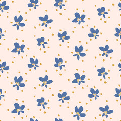 Falling pollen and flowers in a color palette of cobalt blue and yellow over peach background. Great for home decor, fabric, wallpaper, gift-wrap, stationery, and packaging projects.
