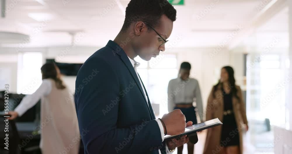 Poster tablet, digital marketing or black man networking in office on internet, online or website via wifi.
