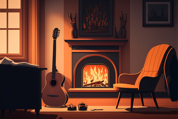 modern living room with cozy fireplace, vector illustration, minimalist art, art background 