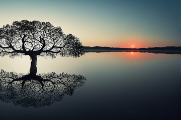 tree of life reminiscent of Yggdrasil reflected in an icy lake at night, dramatic starry sky in the background