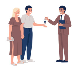 Fototapeta premium Buying house with yard semi flat color vector characters. Full body people on white. Happy estate owners. Realtor service simple cartoon style illustration for web graphic design and animation