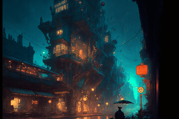Fototapeta premium Lovely anime Cyberpunk City Painting. Generative AI 
