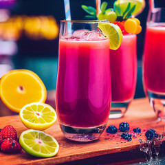 coctail fruits juice, colorful, splashing everywhere, with fruits