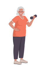 Old woman exercise with dumbbells semi flat color vector character. Editable figure. Full body people on white. Workout for aged simple cartoon style illustration for web graphic design and animation