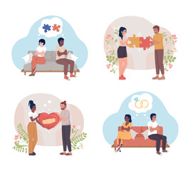 Couple fixing relationship 2D vector isolated illustration set. Marriage problems. Conflict flat characters on cartoon background. Colorful editable scene for mobile, website, presentation