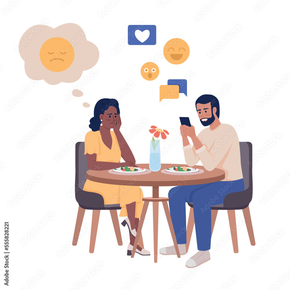 Poster internet addiction semi flat color vector characters. editable figures. full body people on white. i