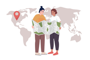 Couple planning vacation 2D vector isolated illustration. Travel with partner. Picking destination flat characters on world map background. Colorful editable scene for mobile, website, presentation