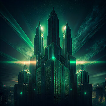 An emerald city with skyscrapers at night  created with generative ai technology