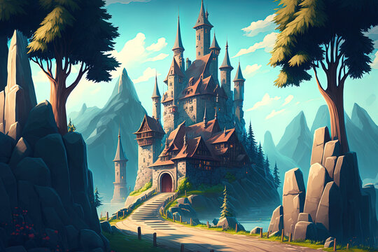 Mountain castle from a fairy tale. With rocks, trees, a road, and a blue royal castle with towers and windows, this cartoon environment of a fantasy realm. medieval fantasy castle. Generative AI
