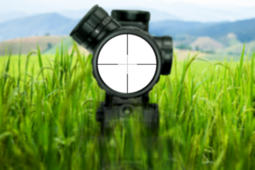 Assault rifle sniper ambush behind a high grass field target view on natural background. Image of a rifle scope sight used for aiming with a sniper rifle weapon