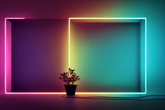 Square rectangle picture frame with two tone neon color motion graphic on isolated black background