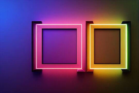 Square rectangle picture frame with two tone neon color motion graphic on isolated black background