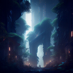 A portrait of a futuristic city deep in a thick forest created with generative ai technology