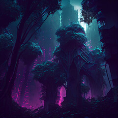 A portrait of a futuristic city deep in a thick forest created with generative ai technology