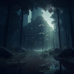 Fototapeta na wymiar A portrait of a futuristic city deep in a thick forest created with generative ai technology