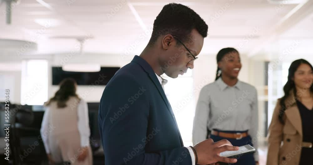 Poster tablet, digital marketing or black man networking in office on internet, online or website via wifi.
