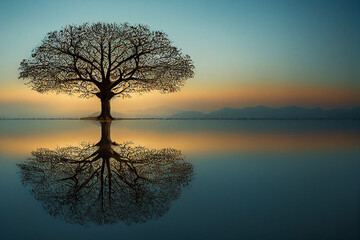 tree of life reminiscent of Yggdrasil reflected in an icy lake at night, dramatic starry sky in the background