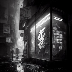 A portrait of a black and white Asian storefront created with generative ai technology