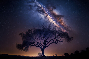 Obraz na płótnie Canvas long exposure shot of a tree silhouette with the milky way. Generative AI