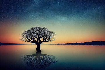 Fototapeta na wymiar tree of life reminiscent of Yggdrasil reflected in an icy lake at night, dramatic starry sky in the background