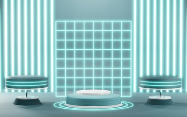 3D render of Podium background in blue tones for displaying cream products. cosmetics