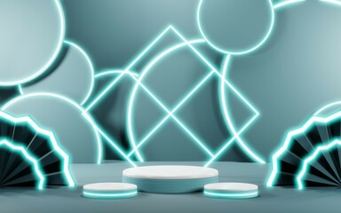 3D render of Podium background in blue tones for displaying cream products. cosmetics