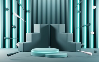 3D render of Podium background in blue tones for displaying cream products. cosmetics