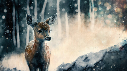 Watercolor Painting of Young Deer in Snowy Forest Space for Text