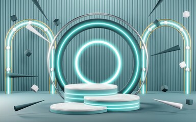 Obraz premium 3D render of Podium background in blue tones for displaying cream products. cosmetics