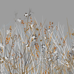 Autumn or winter bushes, branches and dry flowers and berries digital and watercolour mixed media seamless border. Endless rapport for packaging, textile, decoupage, wall-art   - 555831465