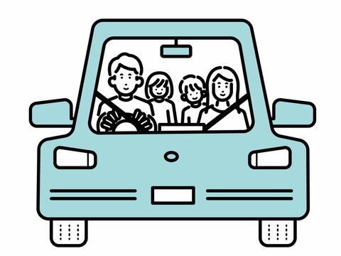 車に乗る4人家族のイラスト