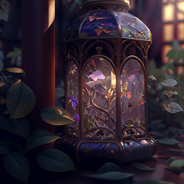 A portrait of a pixie garden with stained glass created with generative AI technology.