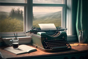 Fotobehang typewriter and books by the window, Generated AI © bahadirbermekphoto
