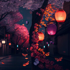 A street with sakura and colored lanterns at night created with generative AI technology