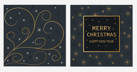 Fototapeta na wymiar New Year Christmas greeting background, card poster, with festive elements and text in black and gold color. Premium