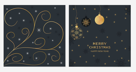 New Year Christmas greeting background, card poster, with festive elements and text in black and gold color. Premium