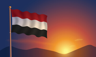 Yemen flag sunset background  Vector Illustration
