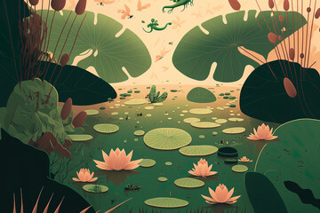 Illustration of an aerial landscape with frogs and lotus leaves in the pond. Generative AI