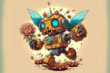 Illustration of the flying robot holding a flower mascot emblem. cartoonishly flat. Generative AI
