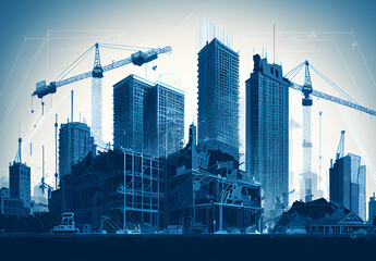 blueprint 3d building construction with crane