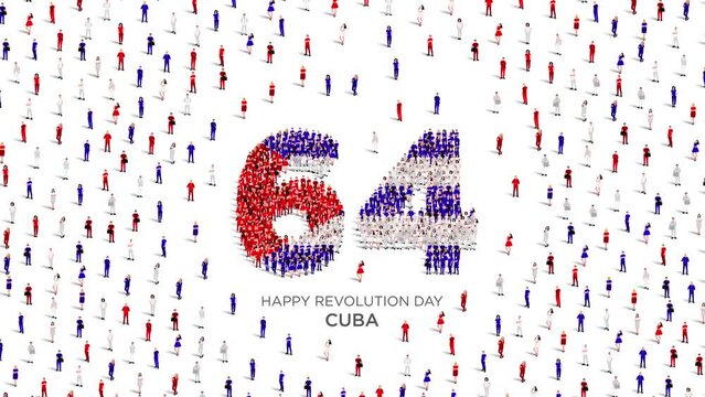 Happy Revolution Day Cuba Design. A large group of people form to create the number 64 as Cuba celebrates its 64th Revolution Day on the 1st of January.